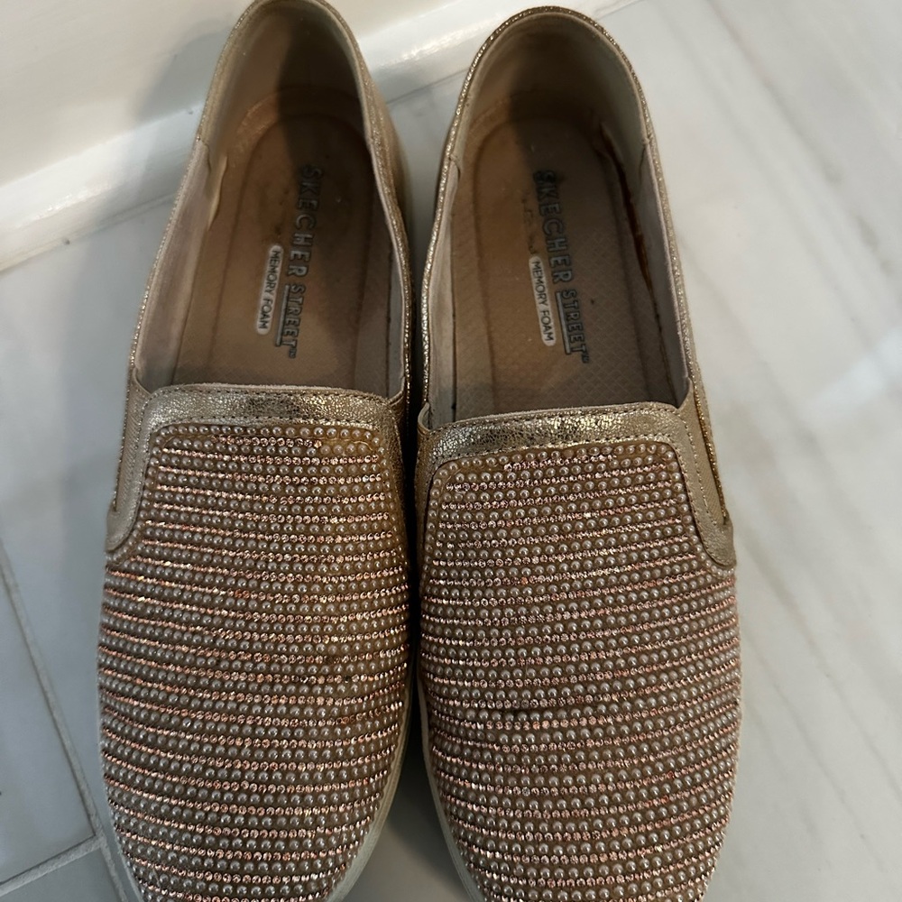 Skechers Rose Gold Metallic Gold Slip-On Sneakers with pearls and rhinestones